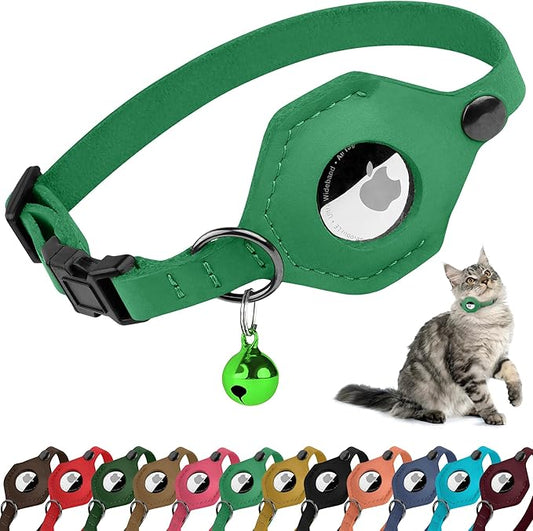 Breakaway Airtag Cat Collar with Removable Bell - Leather Pet Collar with Apple Air Tag Holder - Adjustable GPS Collars for Girl Boy Cats Kitten Puppy - Lightweight, Cute and Comfortable (Green)