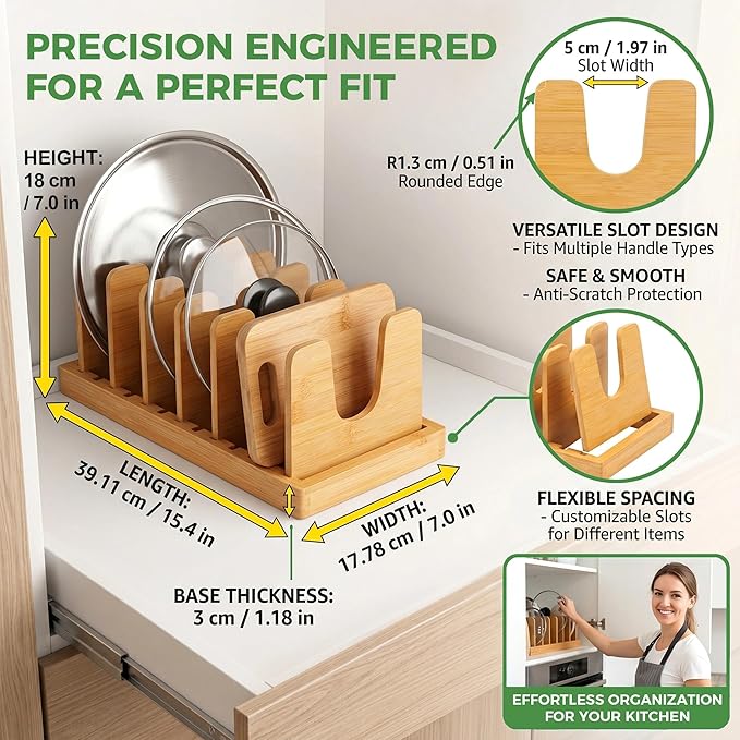 Premium Bamboo Pot Lid and Pan Organizer Rack for Kitchen Cabinets & Drawers – Adjustable Expandable Cookware Divider for Heavy Cast Iron, Baking Sheets & Plates – Scratch-Free Moisture-Resistant Wood