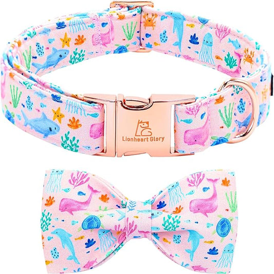 Lionheart glory Dog Bow Collar Sea Animals Print Pink Dog Collar for X-Small Dogs,Female Male Dog Collars with Bowtie Spring Summer Collars Soft Adjustable Pet Collar Bows