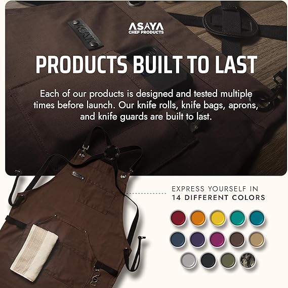 Asaya Chef and BBQ Apron with Bottle Opener and Hand Towel - 10oz Cotton Canvas, Stainless Steel Hardware - Cross Back Straps