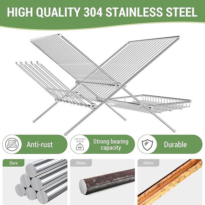 Dish Rack with Drip Tray, Stainless Steel 3-Tier Collapsible Drainer Dish Drying Rack for Kitchen Counter, Sink, Countertop,Cutlery, Dishes Utensils Flatware Holder Set, Reversible Cup Draining Rack