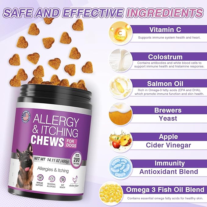 Dog Allergy Chews - Dog Allergy and Itching Skin Relief Anti Itch Aller Immune Bites for Dogs Licking Paws Relief Itchy Chew Probiotics Vitamins for Skin and Coat Allergies - (Chicken, 200 Ct)
