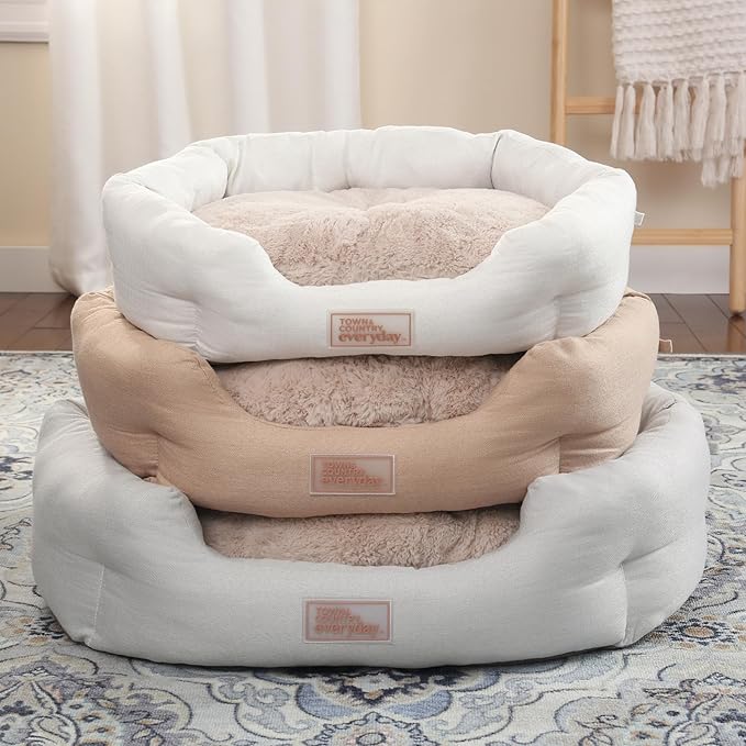TOWN & COUNTRY EVERYDAY CuddleTown Faux Linen Comfy Cozy Cuddler Pet Bed, Supportive & Calming, Non-Slip Bottom, Machine Washable Cover, Cream, Small 22"x20"x7"