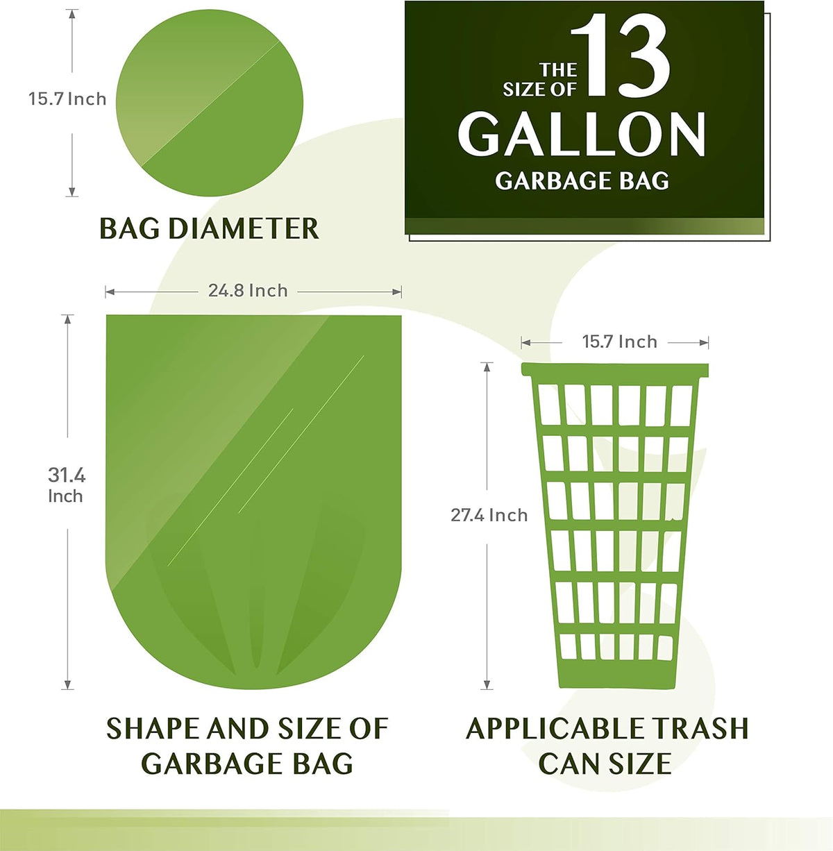 Compostable Trash Bags - FORID 13 Gallon Tall Kitchen Garbage Bags 80 Count Unscented Trash Can Liners 55 Liter Medium Wastebasket Bags for Bathroom Home Bedroom Office Garbage Can (5Rolls/Green)