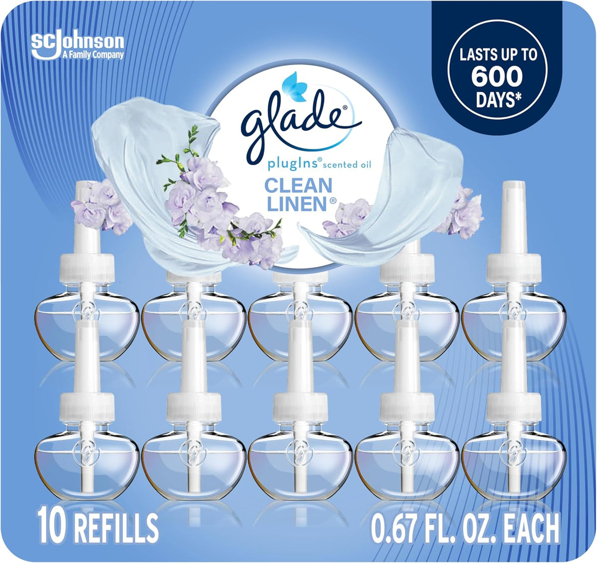Glade PlugIns Refills Air Freshener, Scented and Essential Oils for Home and Bathroom, Clean Linen, 6.7 Fl Oz, 10 Count (Packaging May Vary)