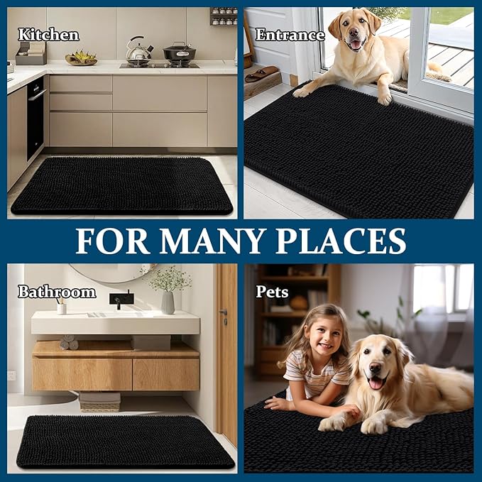 OLANLY Dog Door Mat for Muddy Paws 59x24, Absorbs Moisture and Dirt, Absorbent Non-Slip Washable Doormat, Quick Dry Chenille Mud Mat for Dogs, Entry Indoor Entryway Carpet for Inside Floor, Black