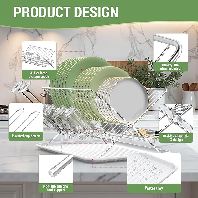 Dish Rack with Drip Tray, Stainless Steel 3-Tier Collapsible Drainer Dish Drying Rack for Kitchen Counter, Sink, Countertop,Cutlery, Dishes Utensils Flatware Holder Set, Reversible Cup Draining Rack