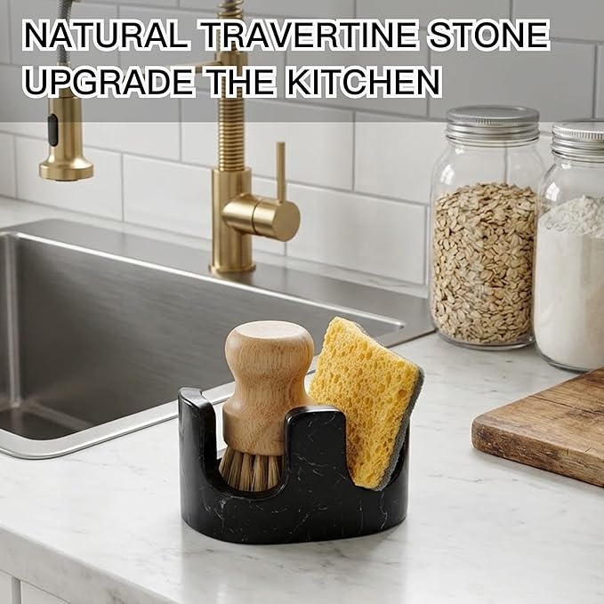Black Marble Sponge Holder for Kitchen Sink, 2-in-1 Natural Stone Sponge & Brush Holder with Raised Edge, Keeps Countertops Dry, Heavy & Stable, Non-Slip Base, Modern Luxury Kitchen Decor