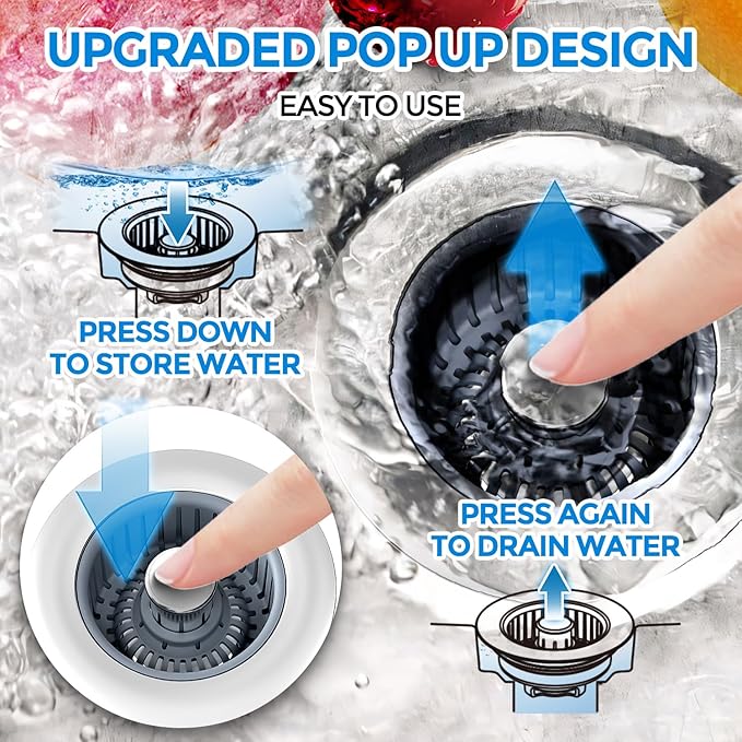 zaa 2 Pack Sink Drain Strainer, Sink Stopper, 3 in 1 Stainless Steel Kitchen Sink Drain Strainer with Anti-Clogging Basket, Fit US Standard 3-1/2 Inch Drain Hole