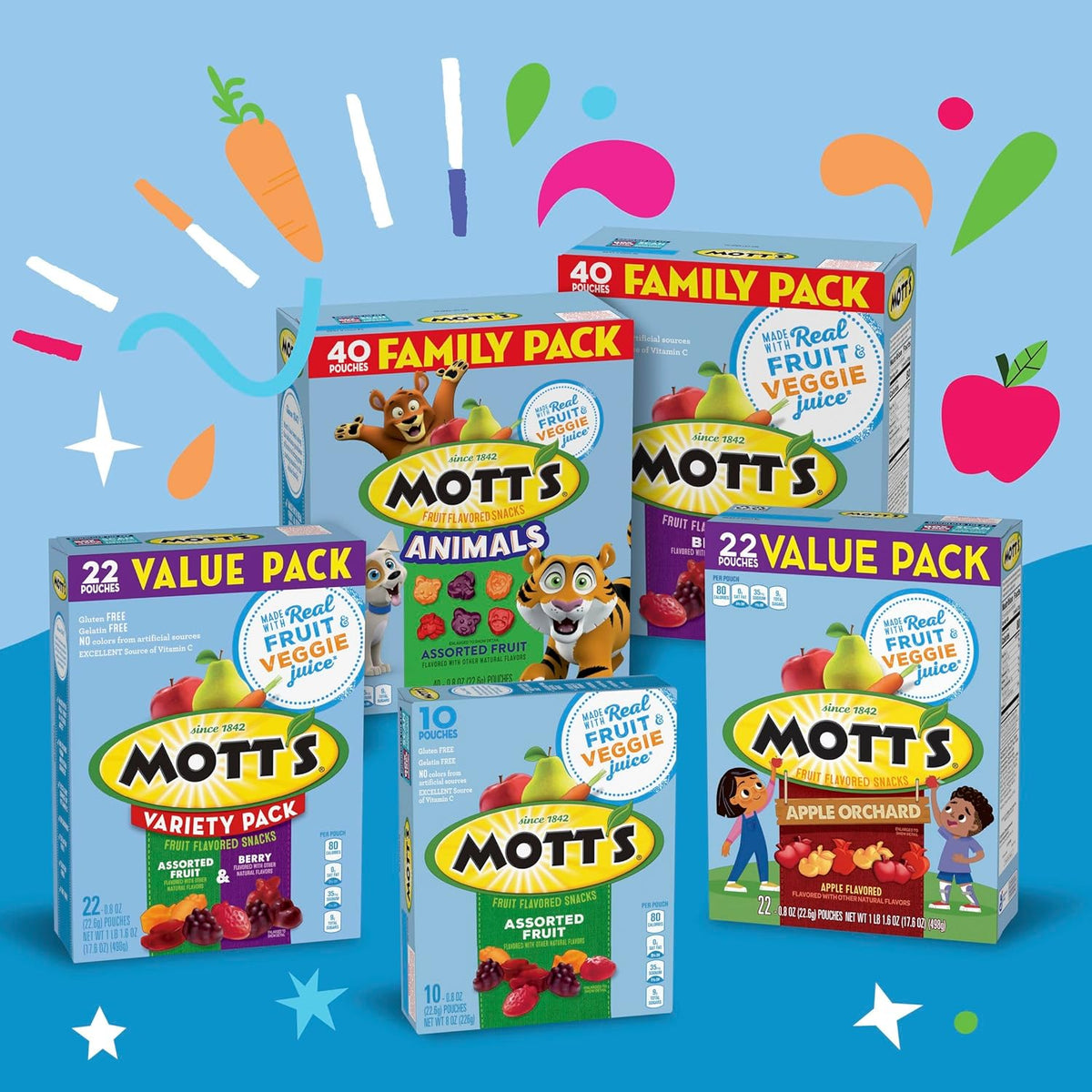 Mott's Fruit Flavored Snacks, Berry and Assorted Fruit, Gluten Free Snack, Value Pack, 22 Ct, 17.6 oz