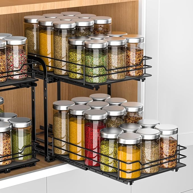 RCHYFEED Spice Rack, 2 Tier Pull out Cabinet Spice Organizer, Height Adjustable Slides out Ultra-smooth Racks for Spice Organization, Seasoning Organizer for Inside Cabinets(7.5" Wx10.5 Dx9.5 H)