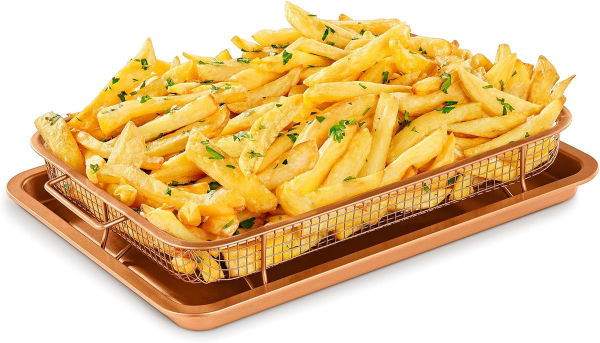 Bakken Swiss 2-in-1 Air Fryer Tray – Nonstick Copper Crisper Basket with Elevated Mesh, Extra-Large 9.5"x13", Ideal for Oven Baking & Crispy Foods, PTFE/PFOA/PFOS Free, Dishwasher Safe