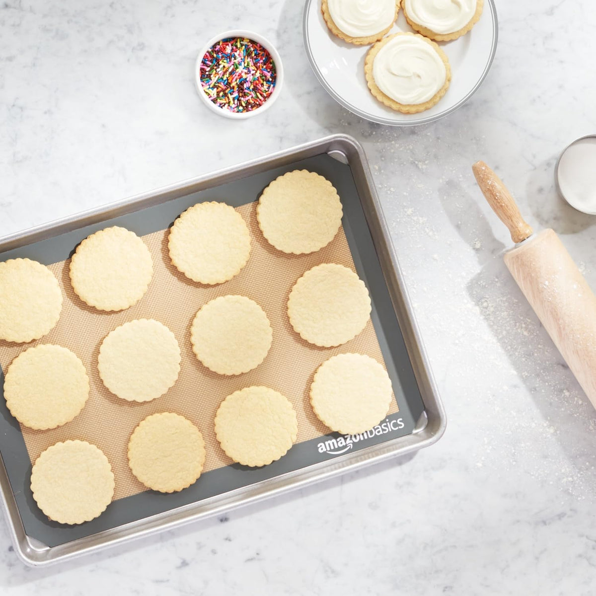 Amazon Basics Silicone Rectangular Baking Mat, Non-Stick Reusable Oven Bakeware, 16.5" x 11.6", New Beige/Gray, Pack of 2