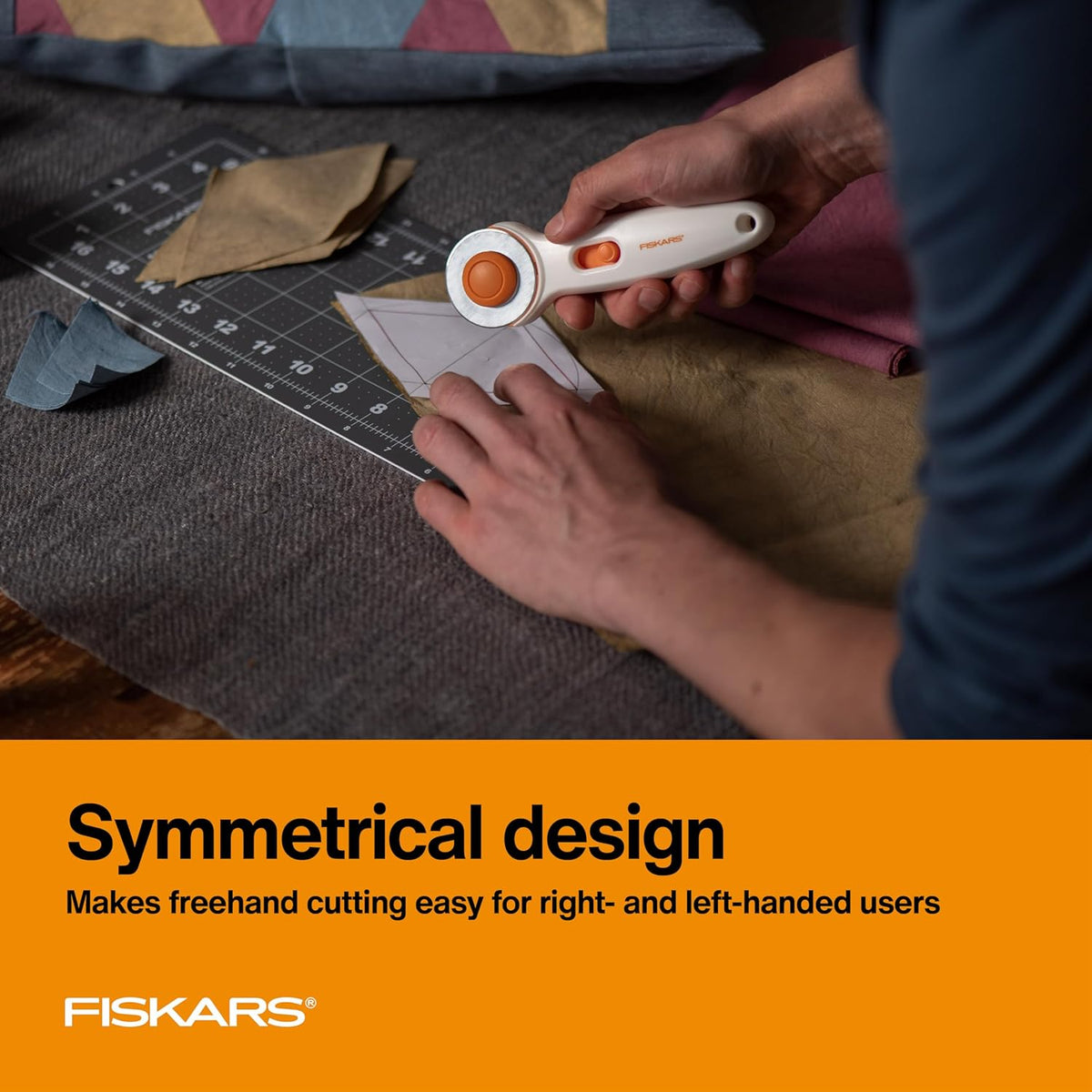 Fiskars 45mm Rotary Cutter for Fabric, Premium Steel Stick Fabric Cutter Cuts Through Multiple Layers, Right and Left Handed, Easy and Safe Blade Change, Arts and Crafts, Sewing and Quilting Tools