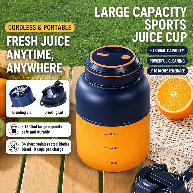 2026 New Portable Wireless Juicer Cup, 1300 ML Large Capacity 38 Blade Wireless Juicers, USB Rechargeable with Dual Lid for Shakes & Smoothies with Zero Cord Hassle for Office Outdoor (Blue,800ml)