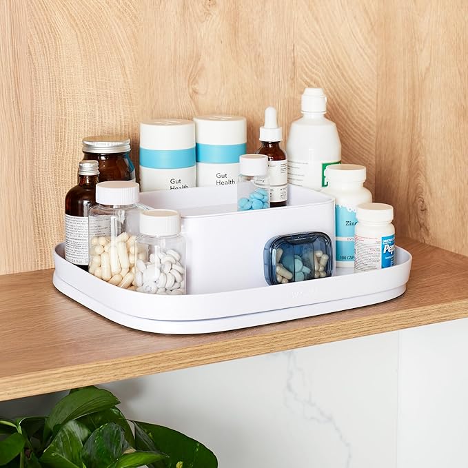 YouCopia MagicTrack Rectangle Lazy Susan Turntable 2-Tier Spice Rack: Jar & Bottle Storage Organizer for Kitchen and Bathroom with 360° Spin, Non-Slip, White Speckled BPA-Free
