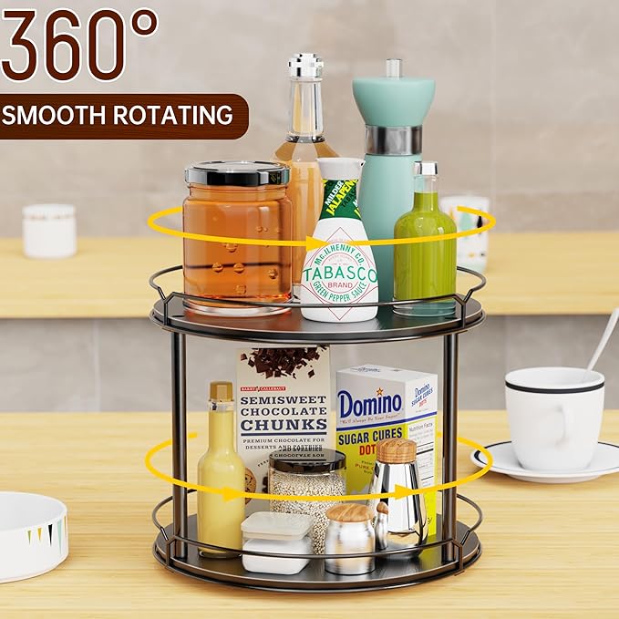 Lazy Susan Organizer 2 Tier - 12.4" Turntable Spice Rack for Table Top, Wooden Rotating Lazy Susan for Cabinet Pantry Kitchen Countertop Dining Table Cupboard Bathroom Vanity Storage(Black)