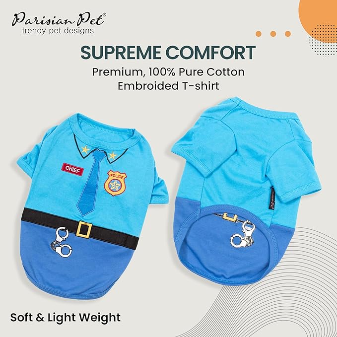 Parisian Pet Embroidered Dog Police Costume - 100% Cotton and Polyester Pet Clothes - Sleeved Cop Costume for Large Dogs 2XL - Blue