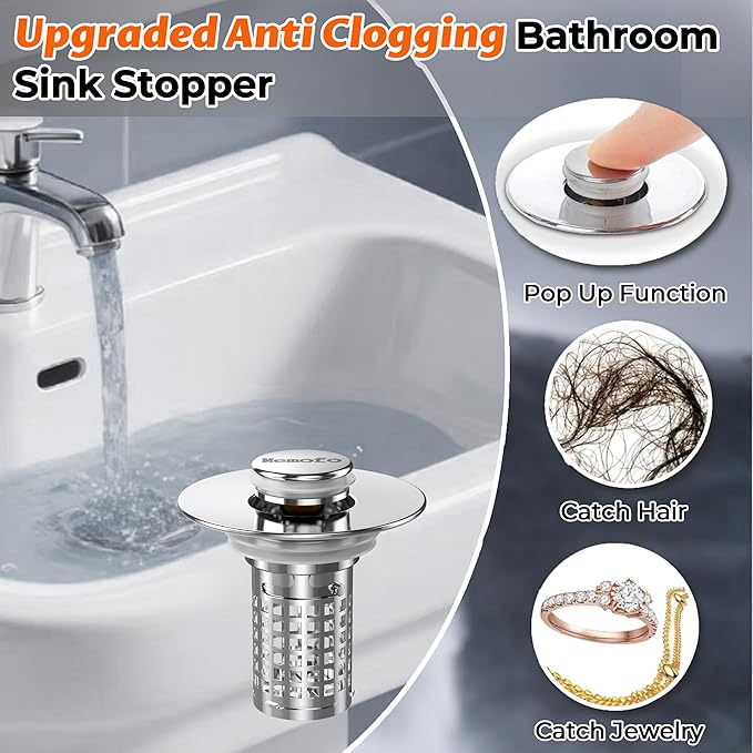 Bathroom Sink Drain Strainer, Stainless Steel Pop-up Strainer Basket Hair Catcher with Removable Basket, Brass Bullet Core, Universal Fit 1.1-2.36 Inch (4PCS)