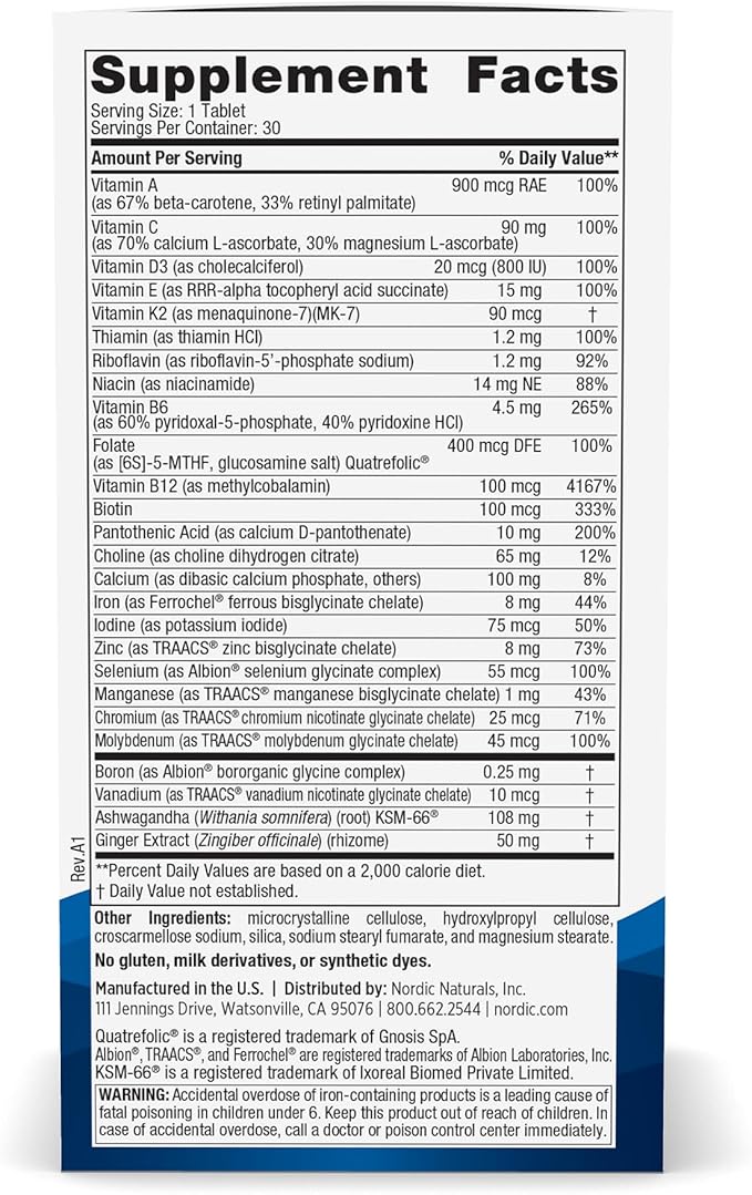 Nordic Naturals Women’s Multivitamin One Daily - Skin, Hair, Energy, & Bone Support - Immunity Supplement - 20 Essential Nutrients - 30 Tablets - 30 Servings