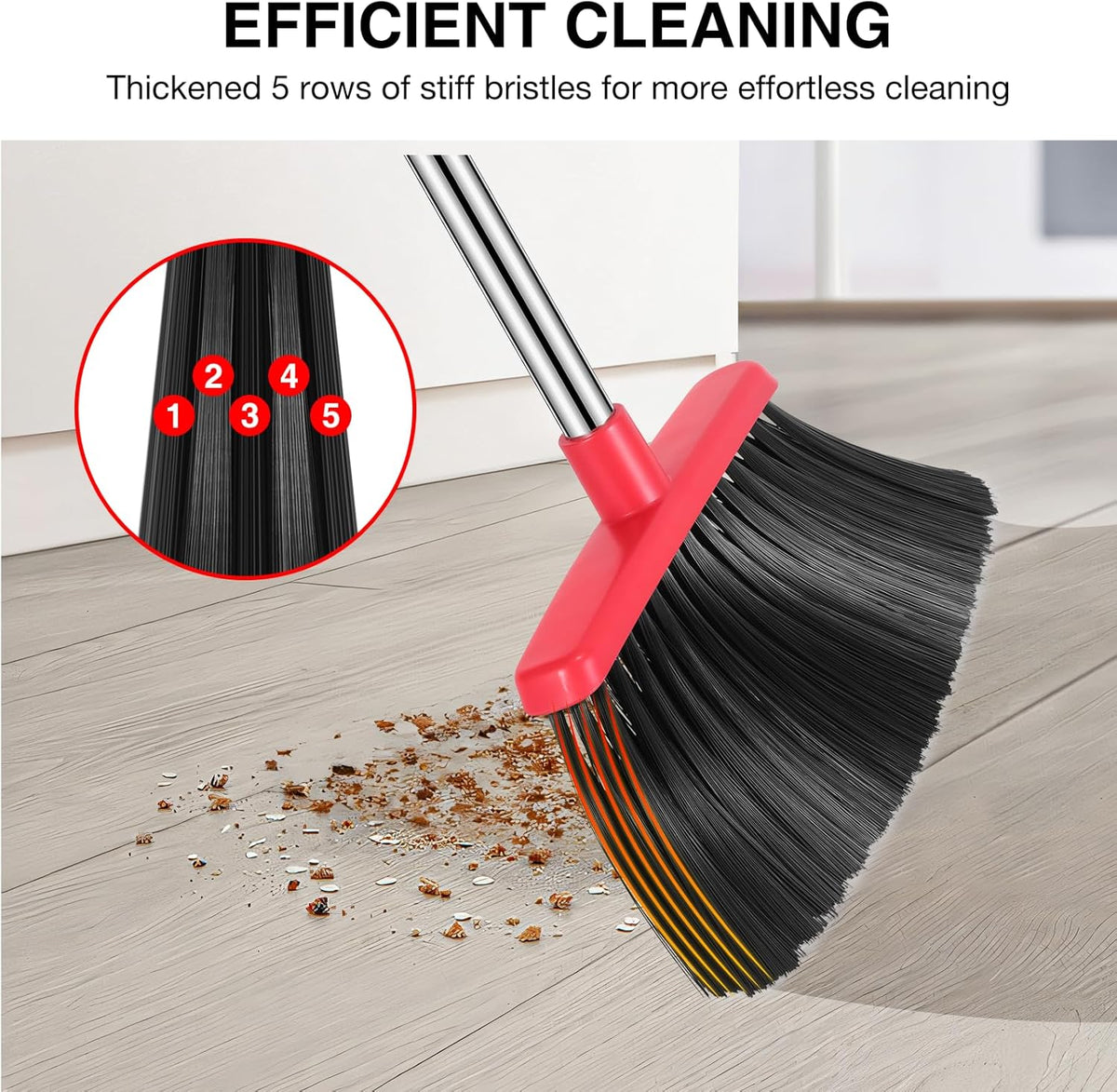 NACENA Broom and Dustpan Set, 52-in Long Adjustable Handle Broom Dustpan Combo with Dustpan Teeth to Automatically Clean Hair Suitable for Home Kitchen Office Hall Floor（Black&Red）