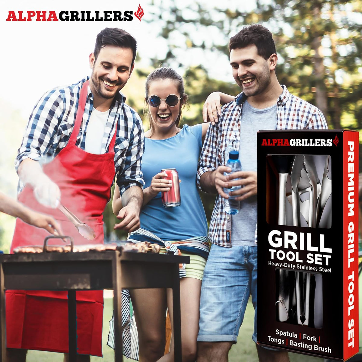 Alpha Grillers Grilling Accessories - Grilling Gifts for Men - BBQ Accessories Grill Tools Set with Spatula, Fork, Brush & Tongs - Outdoor Barbecue Utensils Gifts for Men Dad Him Boyfriend