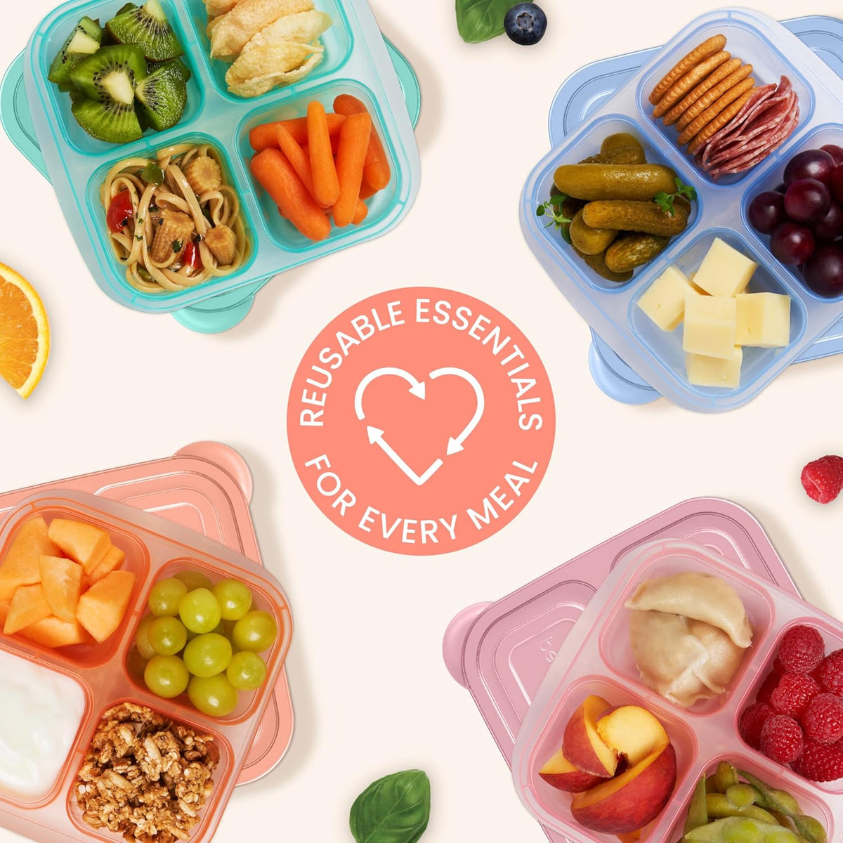 Bentgo Easyboxes 4-Compartment Snack Containers - 8-Piece Set with 4 Trays & 4 Custom-Fit Lids to Seal in Freshness - Reusable Food Storage & Meal Prep Bento BPA-Free Containers (Pastels)
