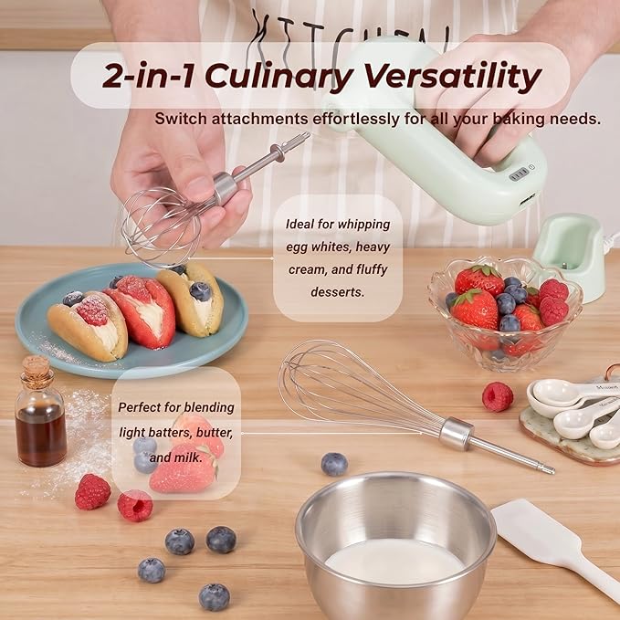 Colorful Mini Cordless Hand Mixer, Self-Standing USB Rechargeable Handheld Egg Beater with 4 Speeds & 2 Whisks, Lightweight Portable Electric Whisk for Kitchen Baking and Cooking(Green)