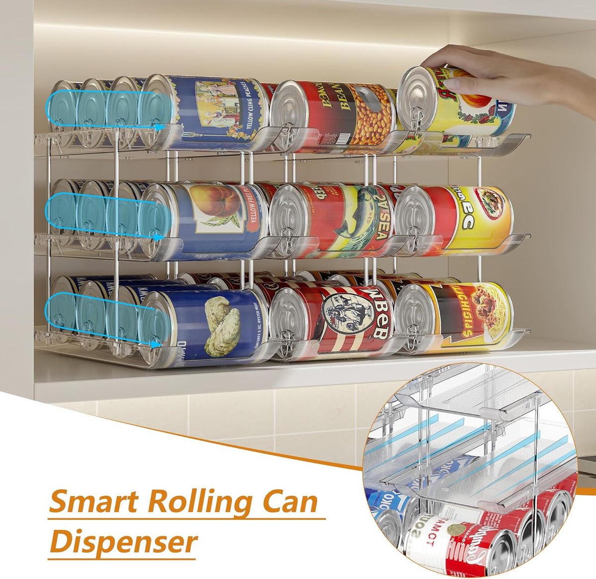 Can Organizer For Pantry Canned Food Goods Organizer For Cabinet Clear Automatic Rolling Can Storage Organizer Pantry Holders Rack, Holds Up to 36 Cans
