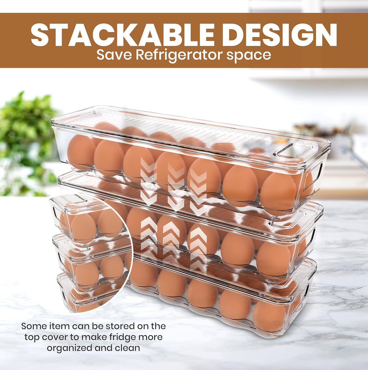 Utopia Home Egg Container With Lid and Handle for Refrigerator Organization- Pack of 2 - Clear Stackable Egg Holder for Kitchen or Pantry Organizers and Storage