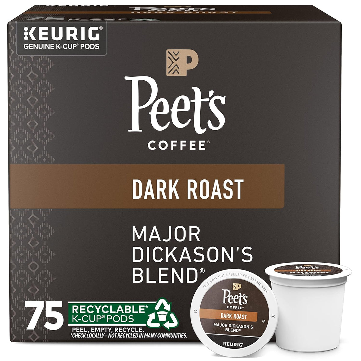 Peet's Coffee, Dark Roast Keurig K-Cup Pods - Major Dickason's Blend 75 Count (1 Box of 75 Pods)