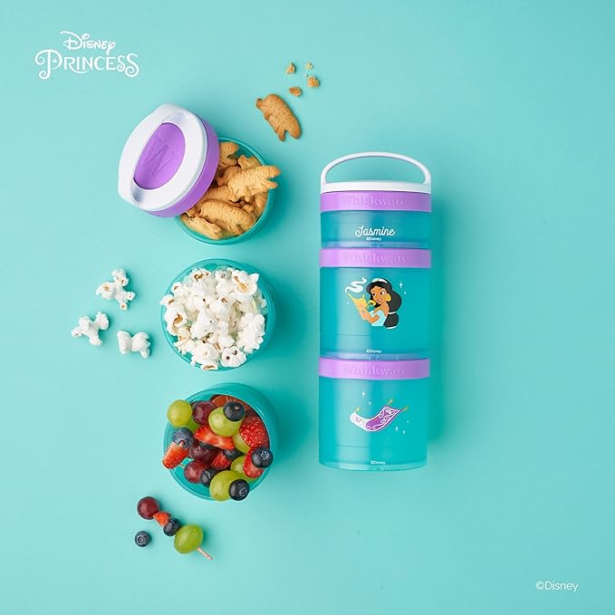 Whiskware Disney Princess Aladdin, Stackable Snack Containers for Kids, 3 Stackable Snack Cups for School or Travel, Backpack and Cupholder Friendly, Jasmine and Magic Carpet