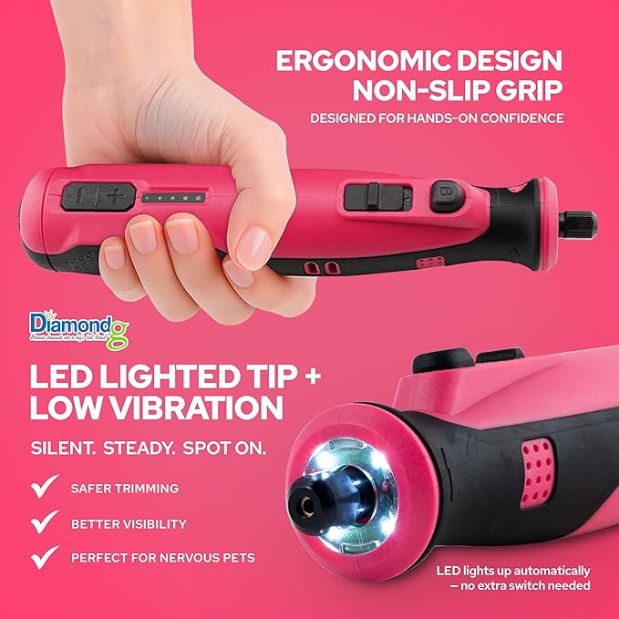 Diamondg Cordless Dog Nail Grinder with Quiet Sound & LED Tip for Large & Small Dogs, 4hrs. Runtime - Electric Dog Nail Trimmer, Heavy Duty Rotary Tool Alternative to Toenail Clippers & Filers