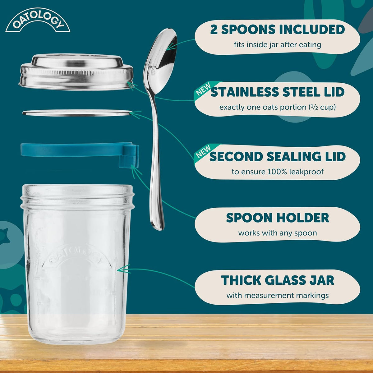 OATOLOGY Overnight Oats Containers with Lids & Spoons - Stainless Steel Lid Leakproof Glass Jars for Chia Pudding & Yogurt for Healthy Breakfast On-the-Go - 16oz Set with Unique Milk Line - 2 Pack