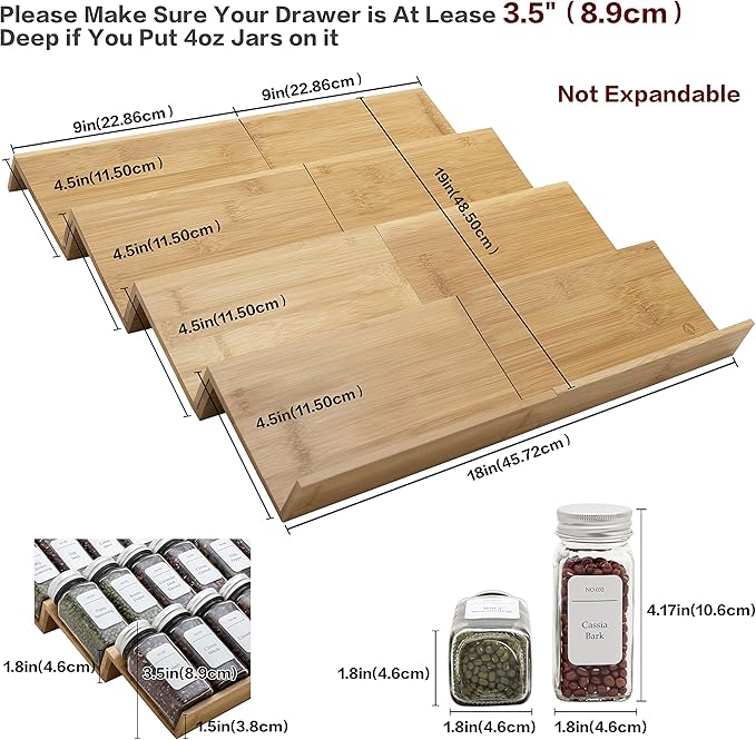 Bamboo Spice Rack Drawer Organizer - 8 Pieces Set- 9" Wide Per Piece - Combine Pieces Into 18" Wide Rack (9" or 18")