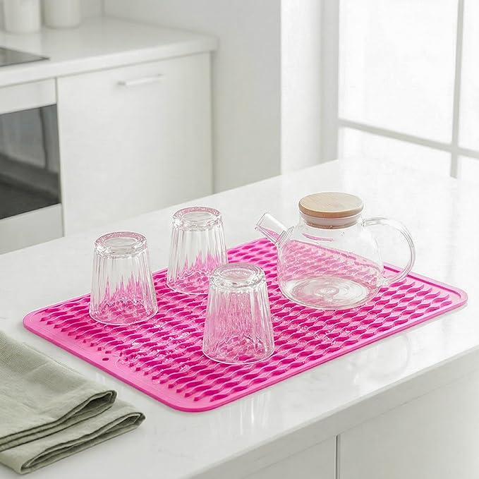 MicoYang Silicone Dish Drying Mat - Quick-Dry Raised Ridges, Dishwasher Safe, Heat Resistant 450°F, Roll-Up (Rose, 16x12 in)