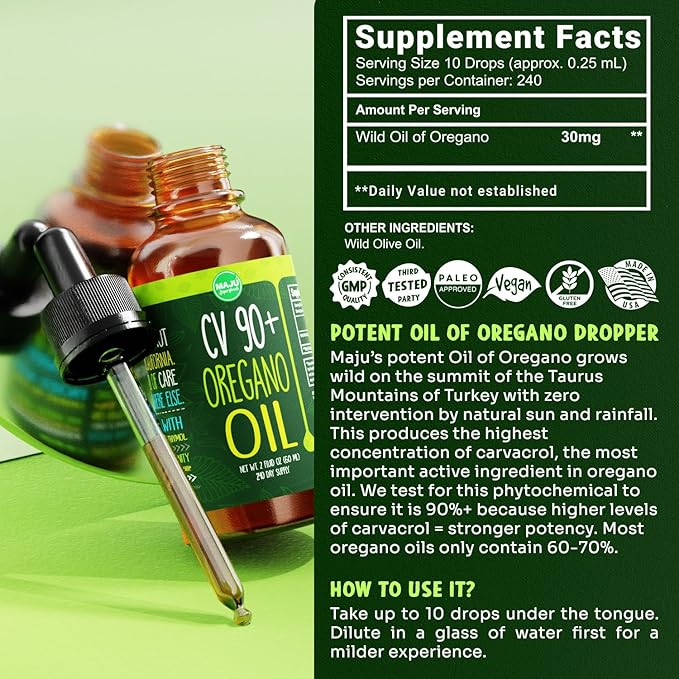 MAJU Oregano Oil Drops - Potent 90%+ Carvacrol (2 fl Oz) Wild Mediterranean Essential Oil of Oregano Liquid, Aceite de Oregano, Immune and Seasonal Support