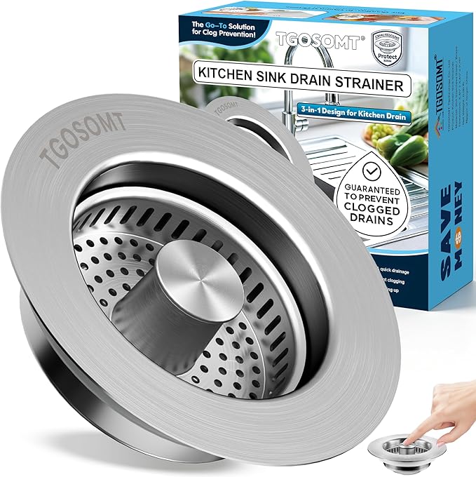 Sink Drain Strainer 3 in 1, 304 Stainless Steel Pop Up Kitchen Sink Stopper with Anti-Clogging Basket, Kitchen Essential Drain Anti-Clog Gadgets, Fits US Standard 3-1/2'' Sink Drain (SUS 304 Brushed)