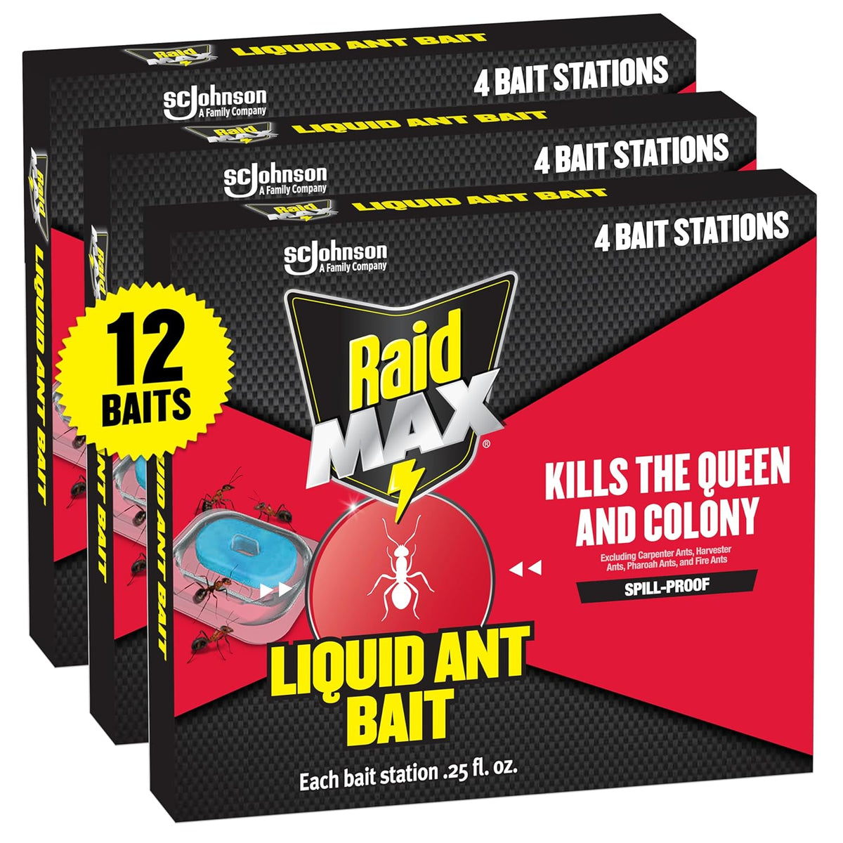Raid Max Liquid Ant Bait; Kills Ants Where They Breed, for Indoor and Outdoor Use; 12 Bait Stations