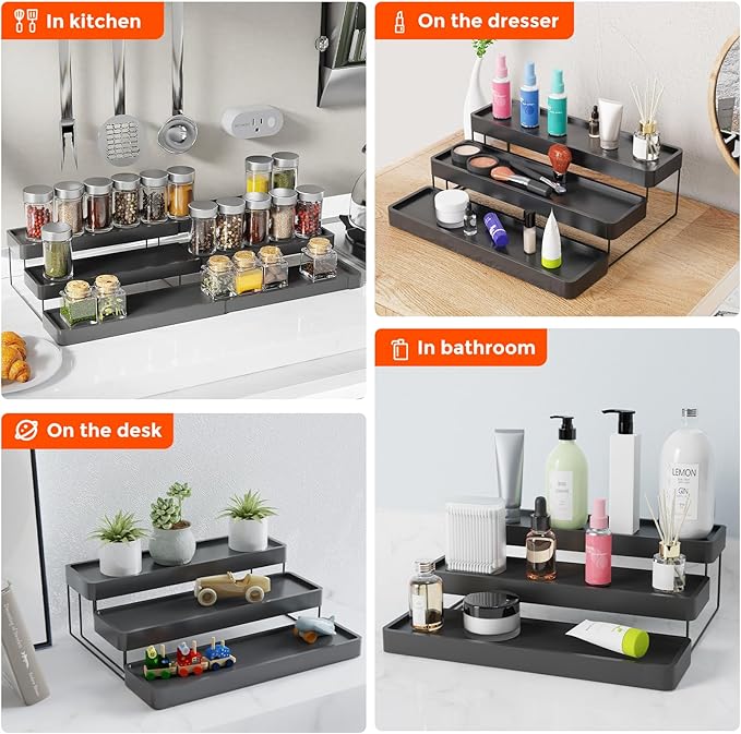 2 Pack Expandable Spice Rack Organizer for Cabinet - 3 Tier Adjustable Cabinet Spice Organizer Easy Visibility - Spice Organizer for Cabinet Countertop Cupboard Pantry Organization (Black)