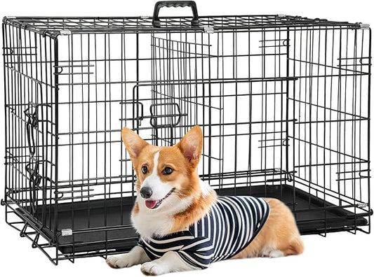 FDW 30-Inch Dog Crate Pet Cage with Metal Folding Design Plastic Tray Indoor Outdoor Dog Kennel Cage for Small and Medium Dogs,Dark Black