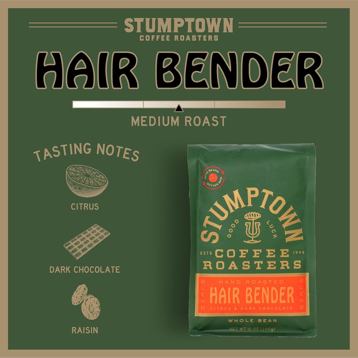 Stumptown Coffee Roasters, Medium Roast Whole Bean Coffee, 100% Arabica Coffee - Hair Bender 12 Ounce Bag with Flavor Notes of Citrus and Dark Chocolate