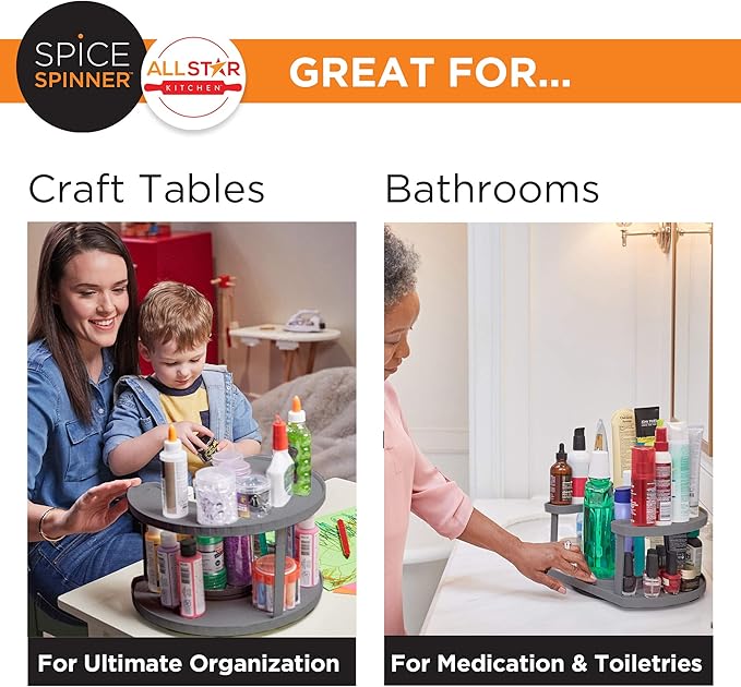 Allstar Innovations Spice Spinner Two-Tiered Spice Organizer & Holder That Saves Space, Keeps Everything Neat, Organized & Within Reach With Dual Spin Turntables- Grey