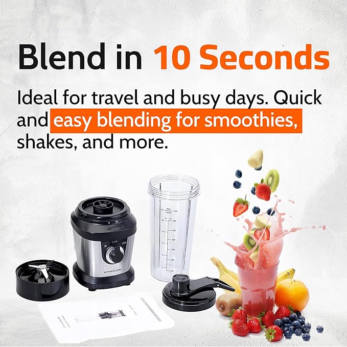 Epsilon Portable blender for Shakes and Smoothies – 400W Personal Blender with 24oz Portable Bottle, Electric Personal Blender Bottle with 4-Blade Assembly, Travel-Friendly and BPA-Free