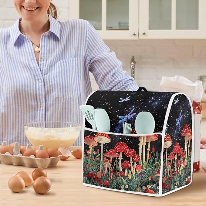 Stand Mixer Cover Mushroom Dragonfly Kitchen Appliance Dust Cover for 4.5-5 Quart Mixers Machine Washable Food Processor Protector for Kitchen Dining Room Countertop Decor