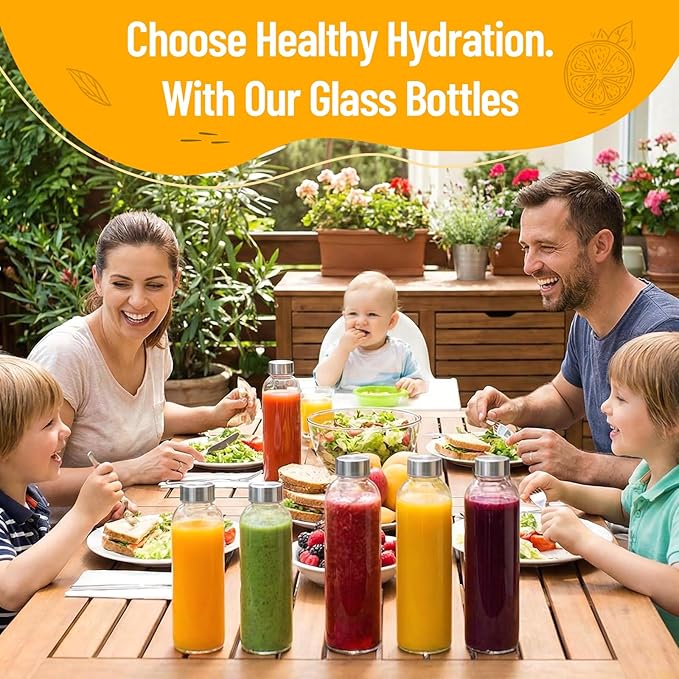 Luxfuel Clear Glass Bottles with Lids 18 oz, Reusable Glass Water Bottles with Stainless Steel Cap for Refrigerator, Juicing, 100% Leak Proof, BPA Free, Juice Bottle Drinking Jar Containers Set of 3
