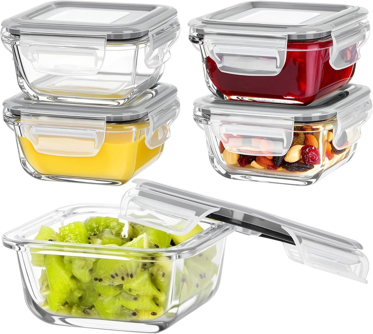 Vtopmart 5Pack 22oz Glass Storage Containers with Lids, Glass Meal Prep Food Container Sets with Snap Airtight Lids for Microwave, Oven, Freezer and Dishwasher, Grey