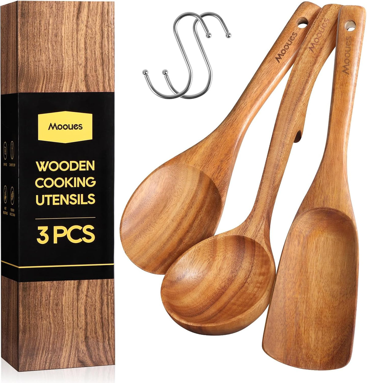 9‑Piece Natural Teak Wooden Kitchen Utensil Set with Spoon Rest and Holder