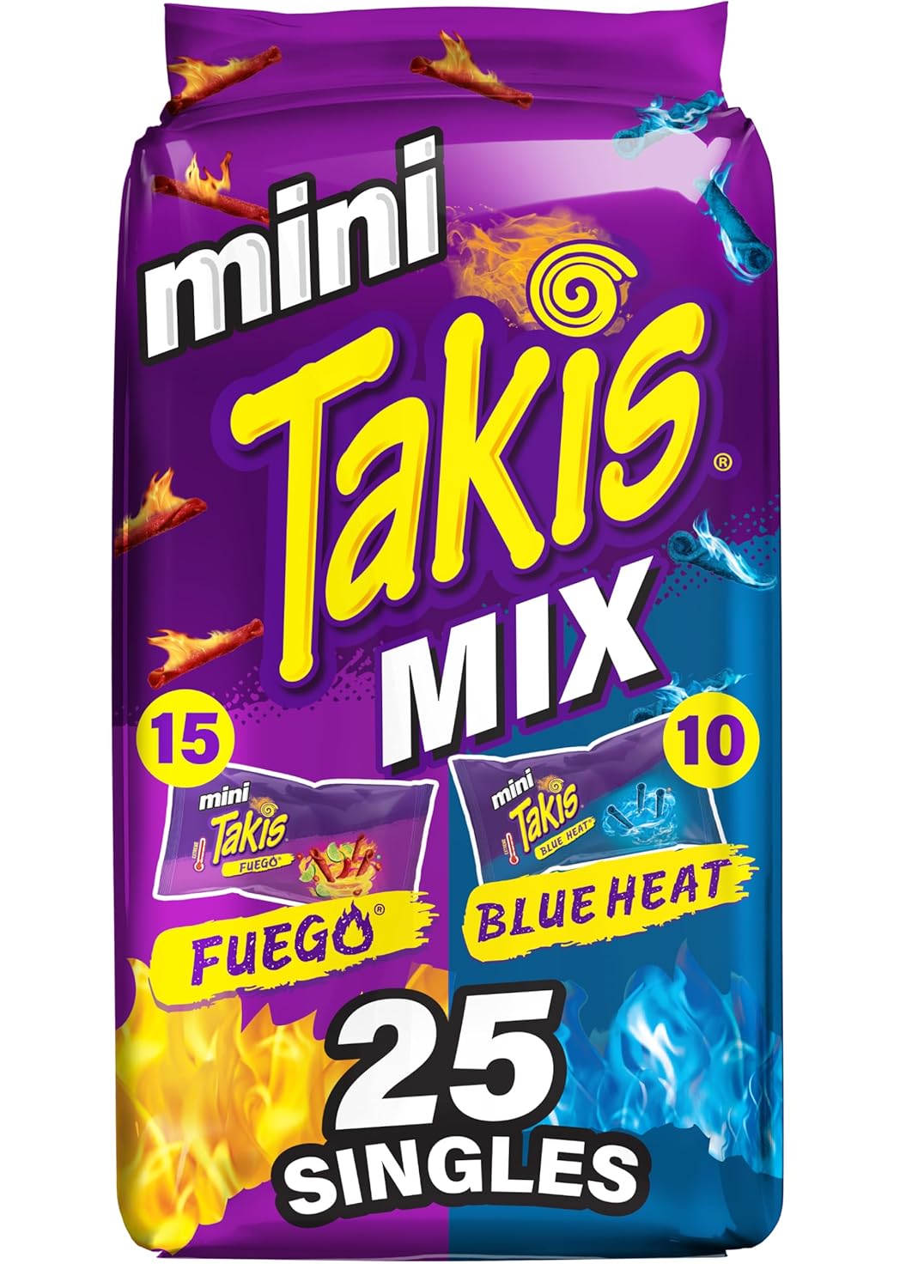 Takis Mini 25 pc / 1.23 oz Bite Size Variety Pack, Assorted Flavored Mixed Rolled Tortilla Chips – (15) Fuego, (10) Blue Heat