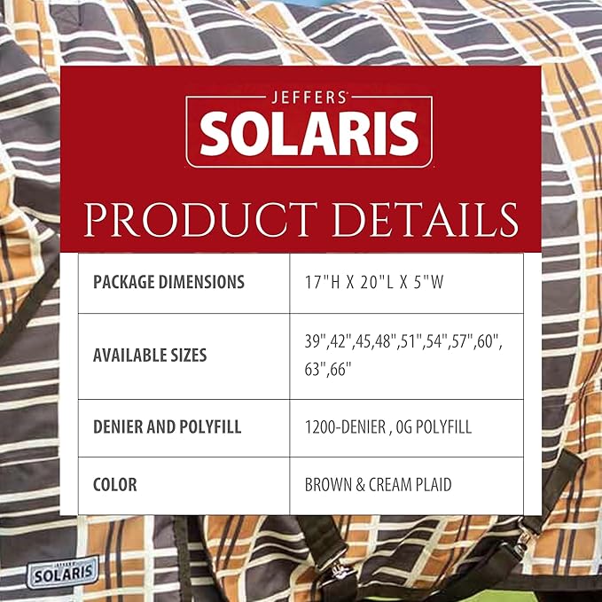 Jeffers Pony Poppins Solaris 1200 Denier Turnout Blanket Brown & Cream Plaid 57" - Waterproof, Breathable Horse Blanket with 0 gram Polyfill, No Insulation, Ideal Protection for Wind & Rain,